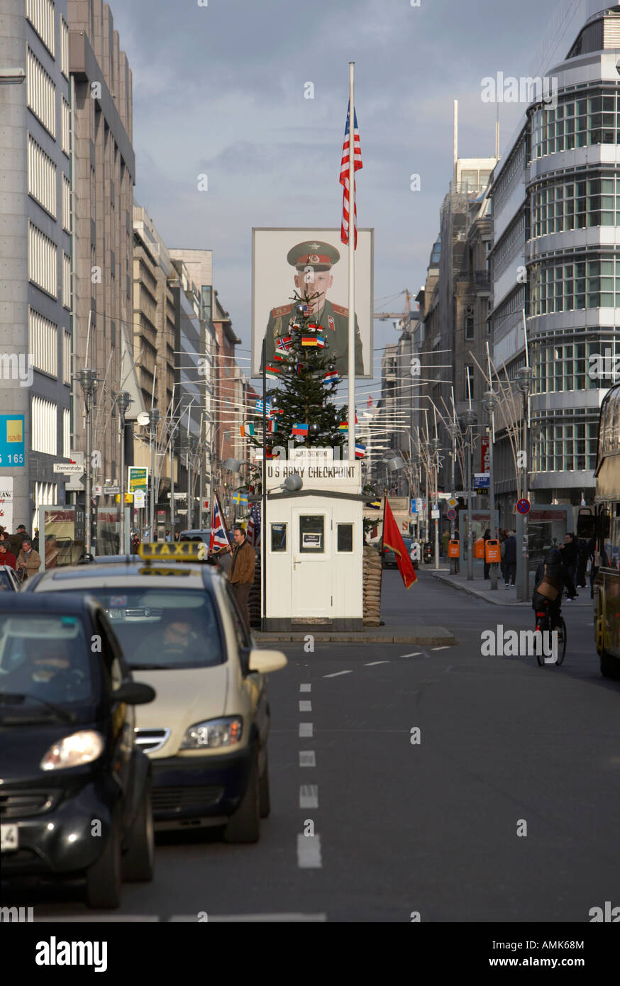 checkpoint charlie ersatz cabin reconstruction in the middle of Friedrichstraße Berlin Germany Stock Photo