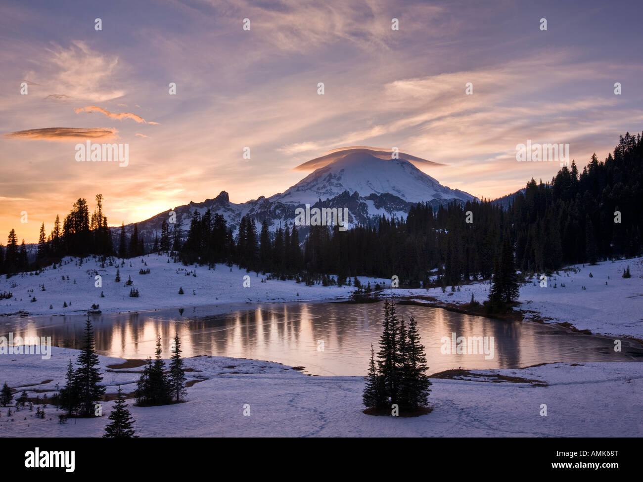 This is a shot of Mount Rainier from Tipsoo Lake on the top of Chinook Pass. Stock Photo