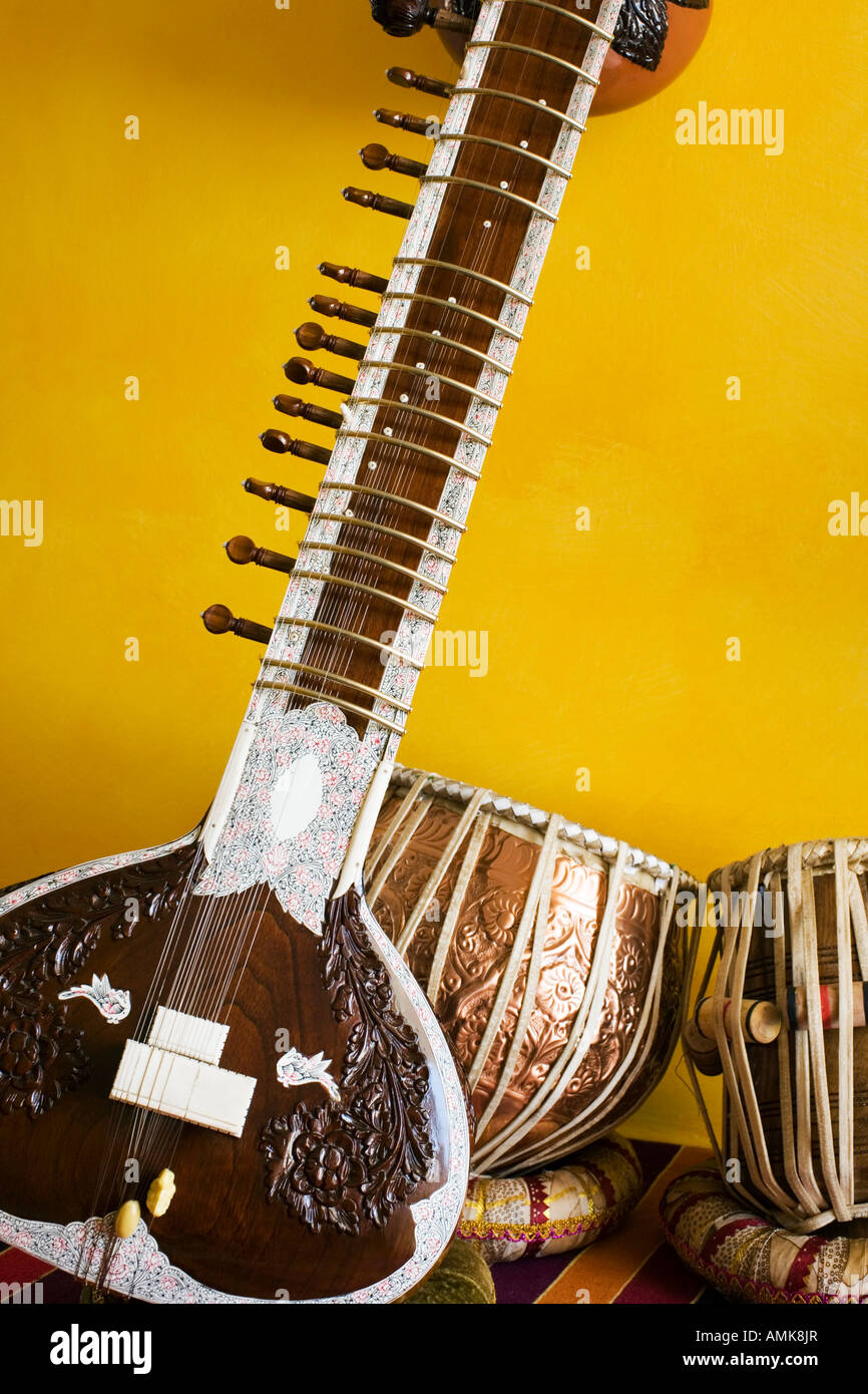 Indian classical musical instruments sitar tabla Stock Photo