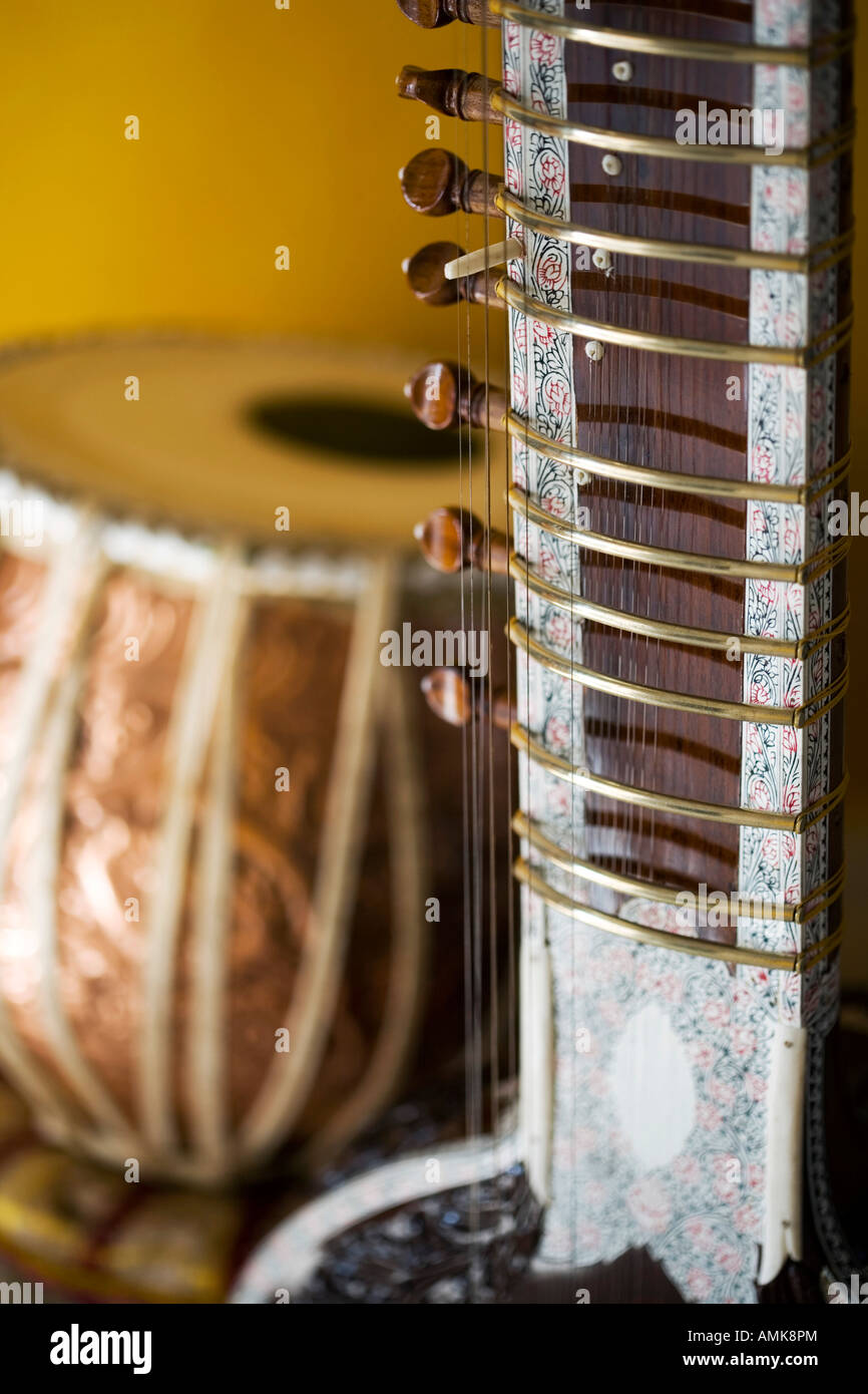 Indian classical musical instruments sitar tabla Stock Photo Alamy