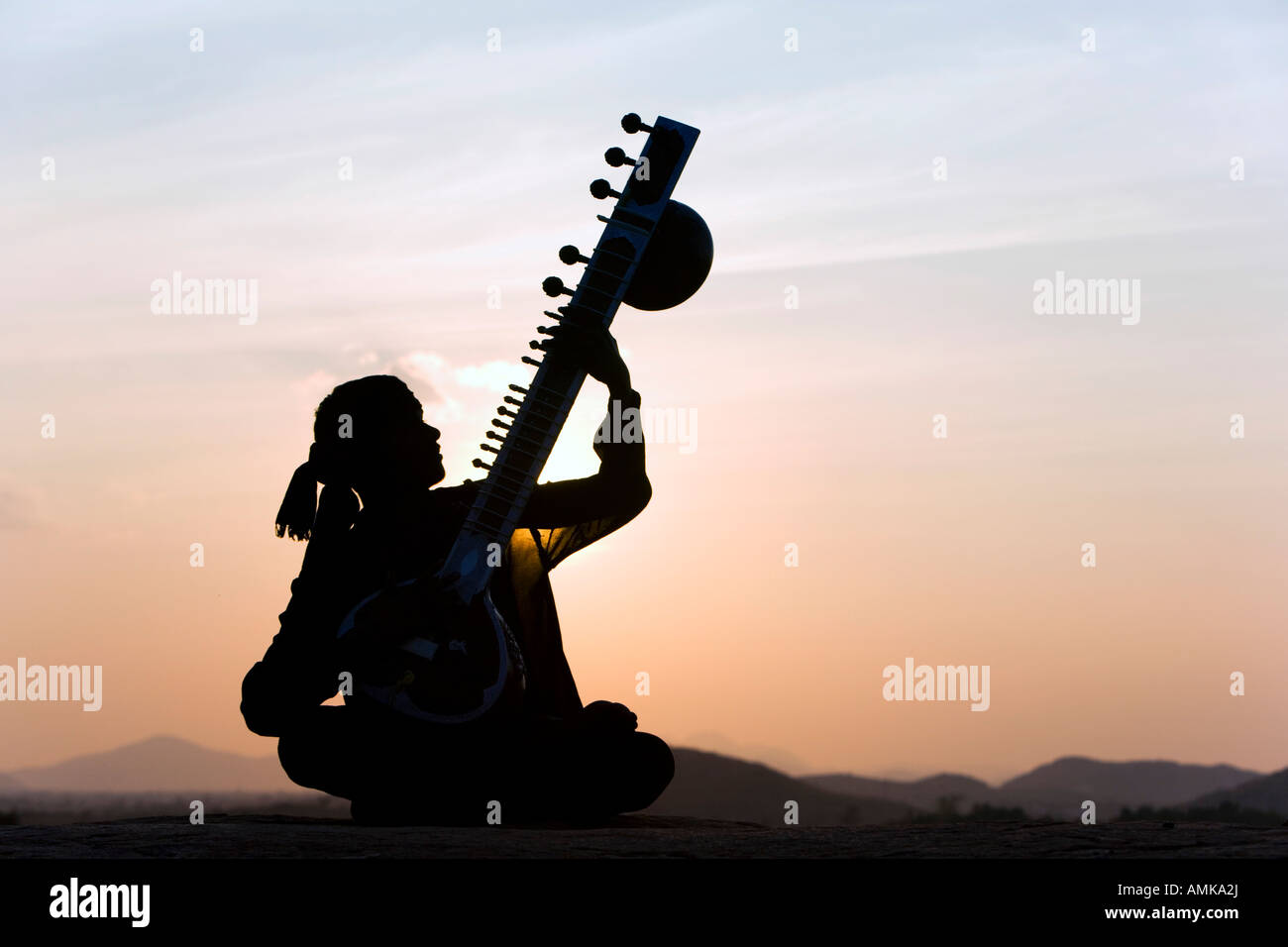 Indian man playing a sitar on rock at sunset. India Stock Photo Alamy