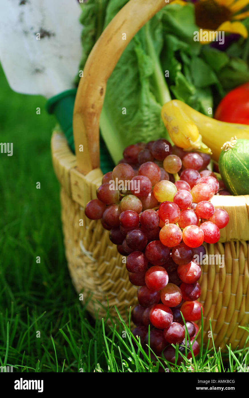 Wicker basket filled with fruits vegetables and flower fresh from the ...
