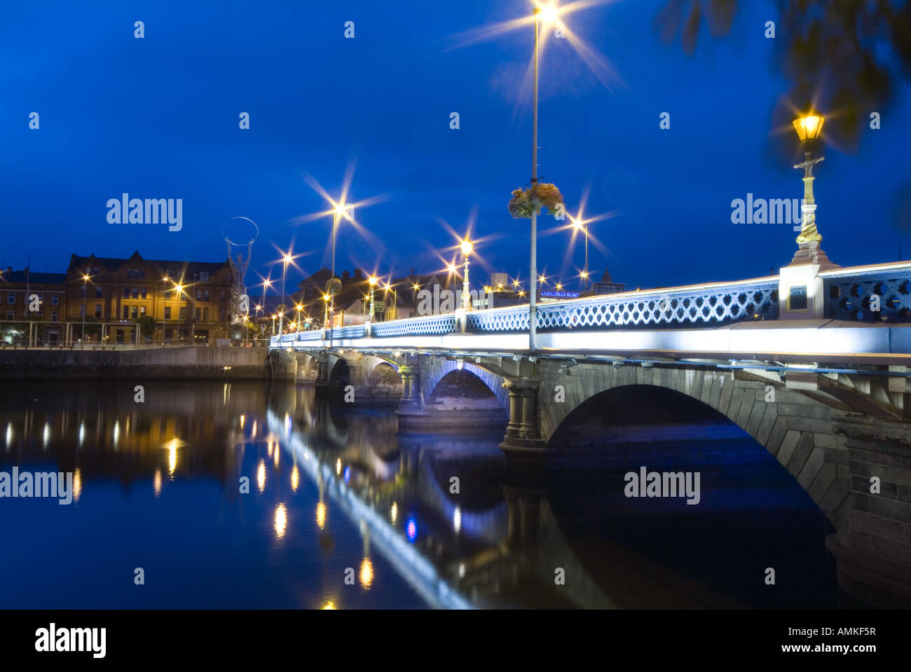 Queens Bridge over the river Lagan at night, Belfast City, Northern Ireland Stock Photo