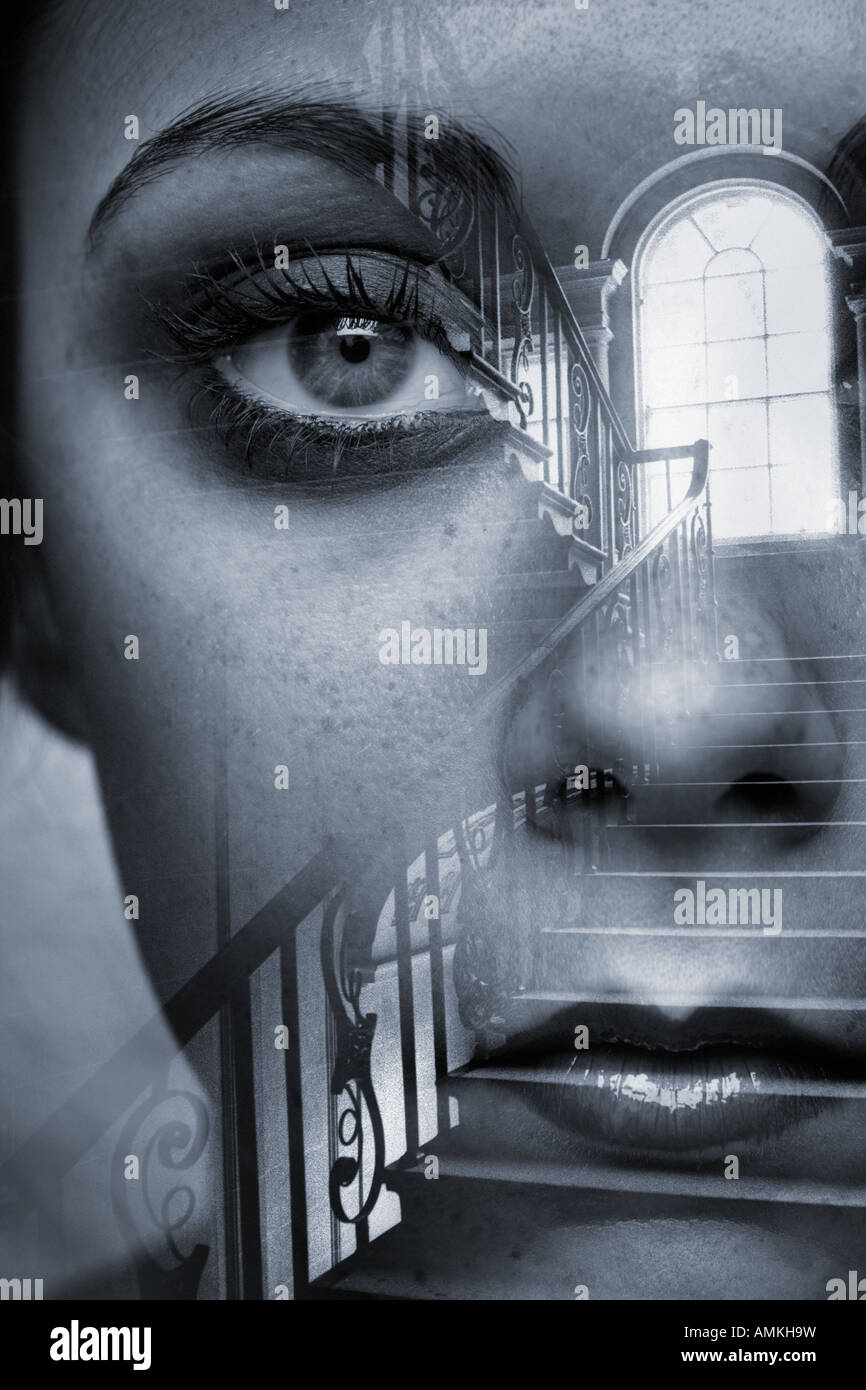 Human face layered with staircase and landing window Stock Photo
