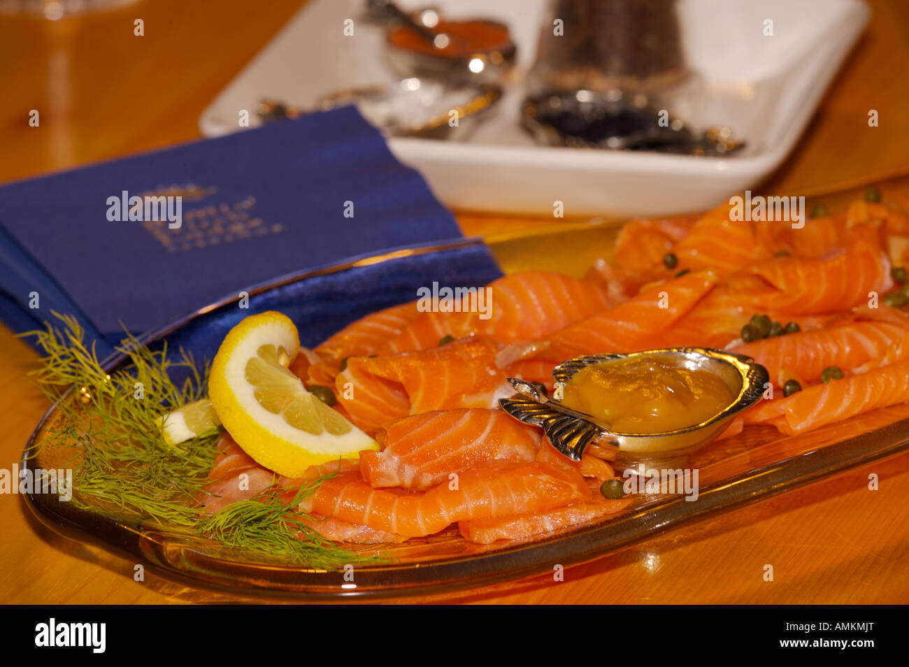 Salmon Slices laid out on a platter at the Rifflin'Hitch Lodge in Southern Labrador, Labrador, Canada.,Labrador, Canada. Stock Photo
