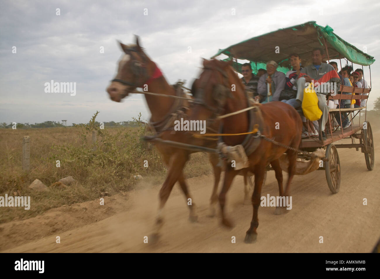 Horses and carriage taking townspeople home from El Rincon Cuba Stock Photo