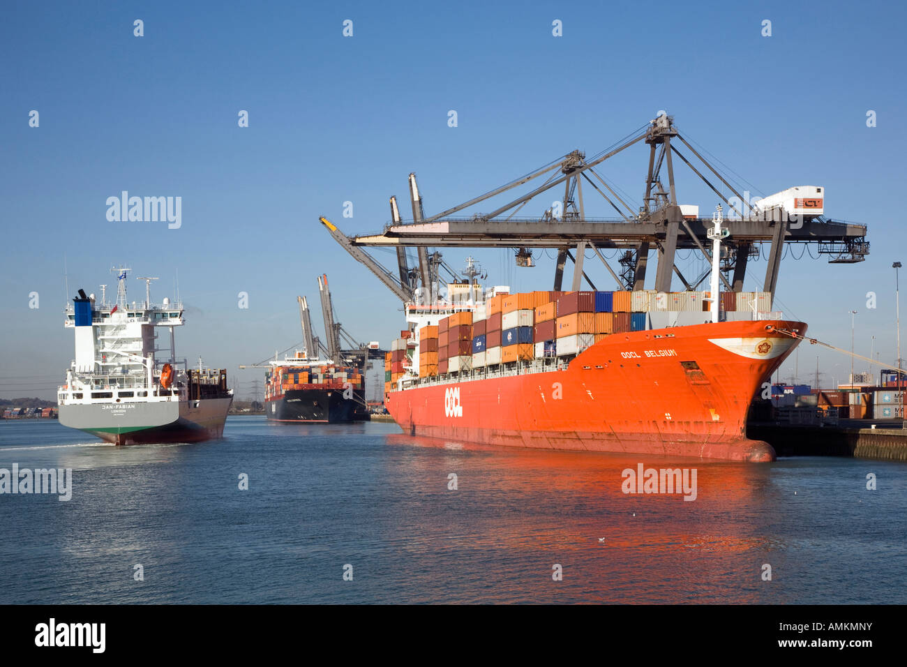 3 Container Ships in Southampton Container Port Stock Photo
