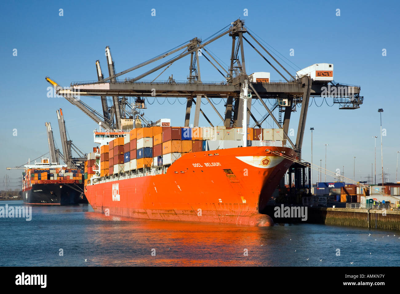 2 Container Ships in Southampton Container Port Stock Photo