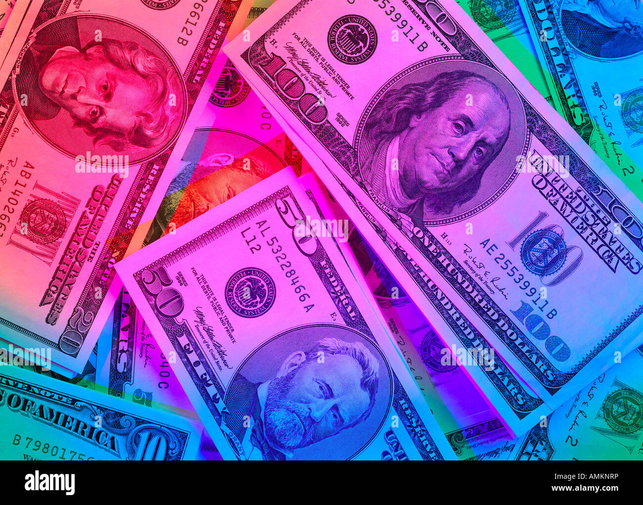 American banknotes in colored light Stock Photo