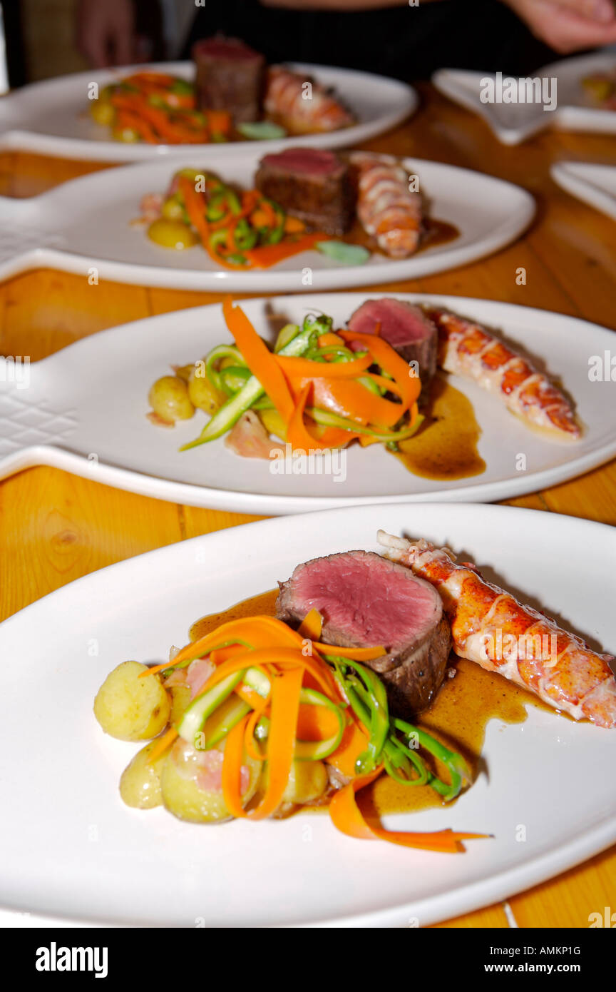 Gourmet meal - Surf'n Turf at the Rifflin'Hitch Lodge in Southern Labrador, Labrador, Canada. Stock Photo