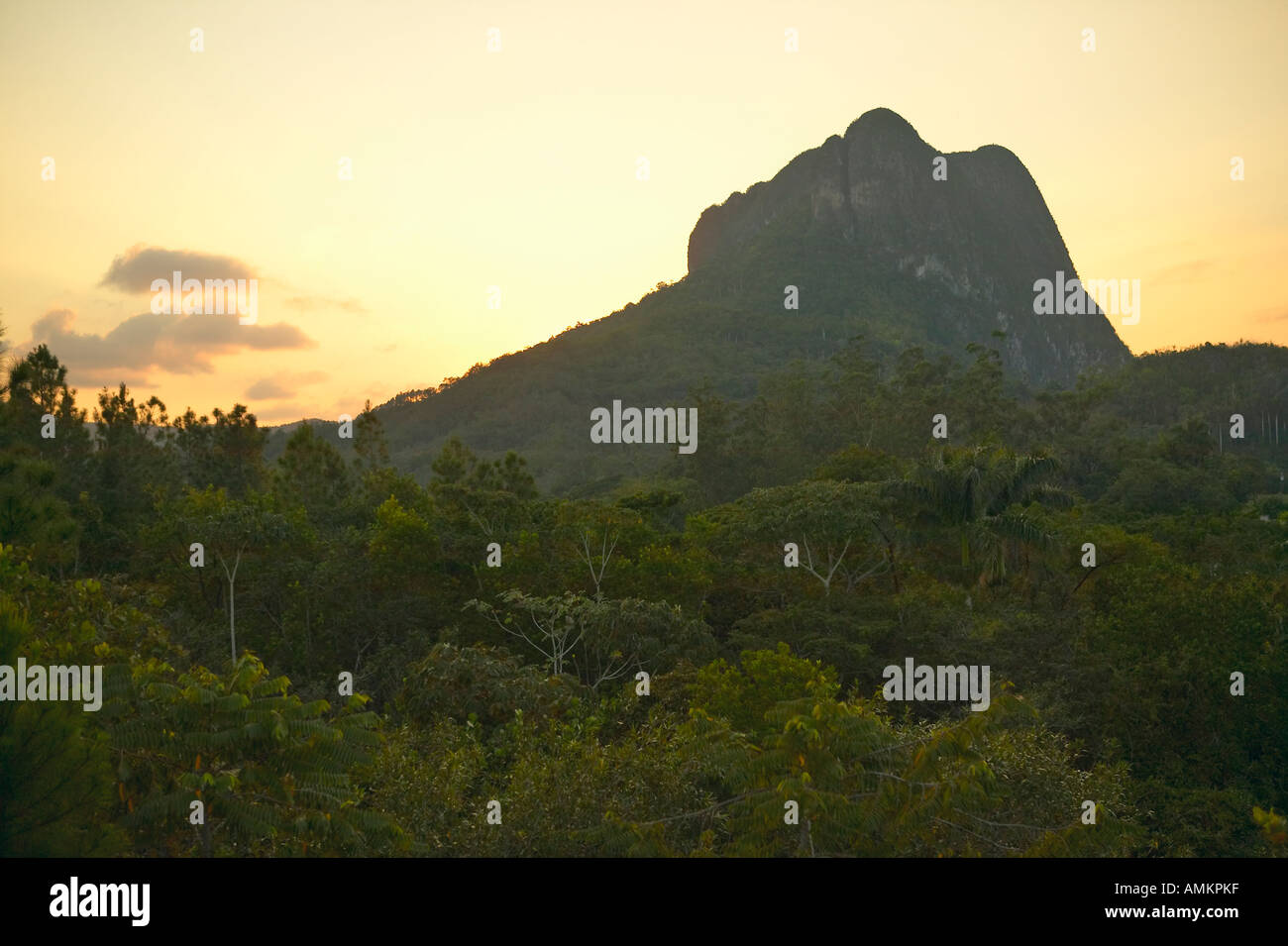 Sunset of mountain that looks like a face in the Valle de Viñales in central Cuba Stock Photo