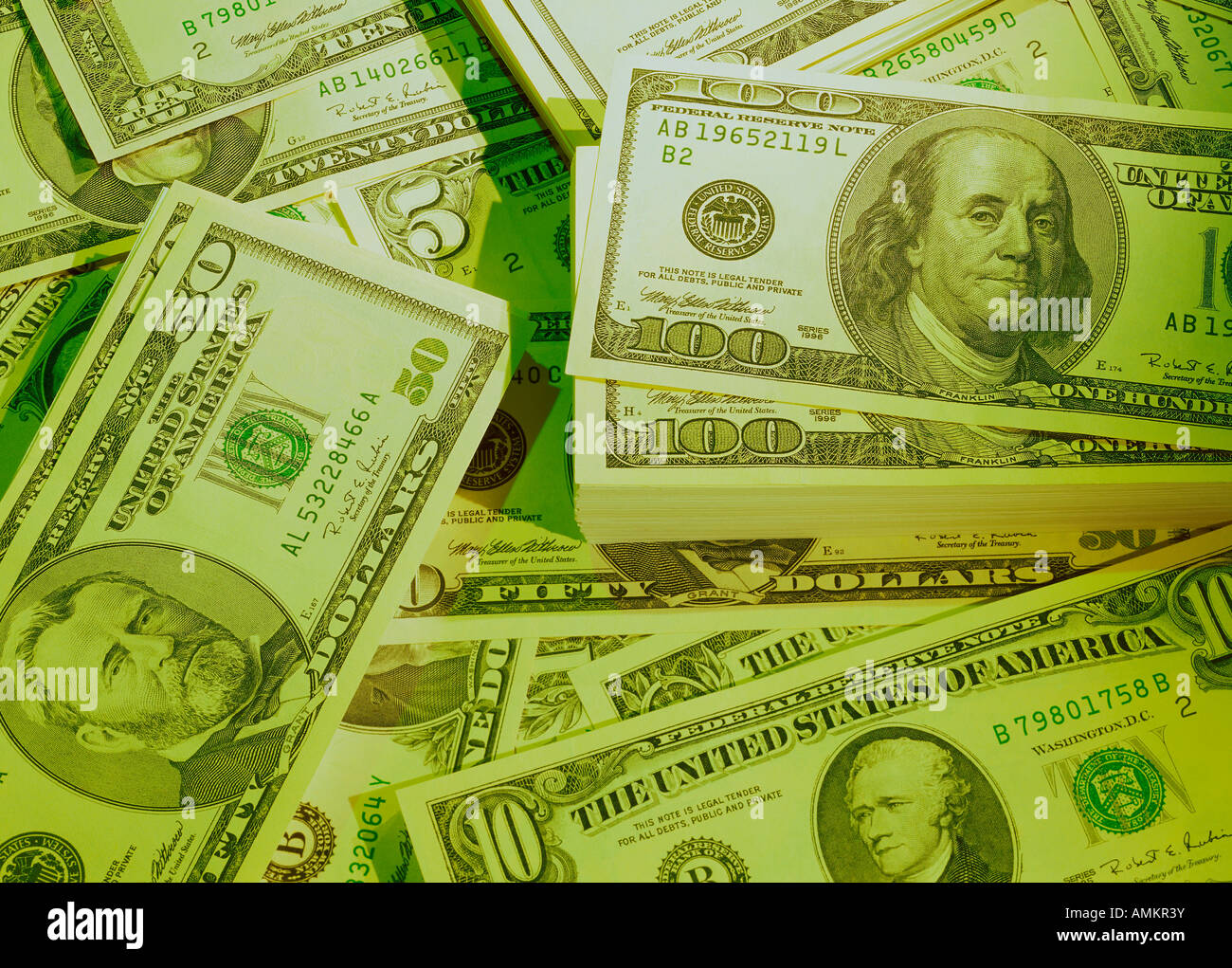 American banknotes in colored light Stock Photo