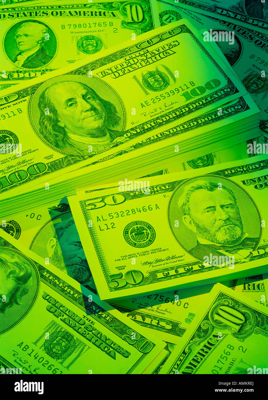 American banknotes in colored light Stock Photo