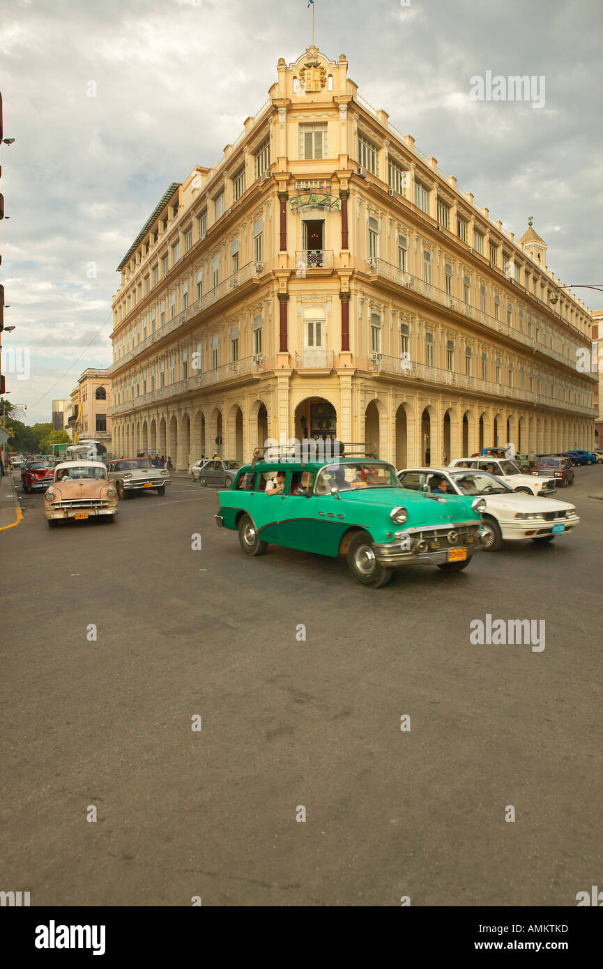 Turquoise car driving the streets of Old Havana Cuba Stock Photo
