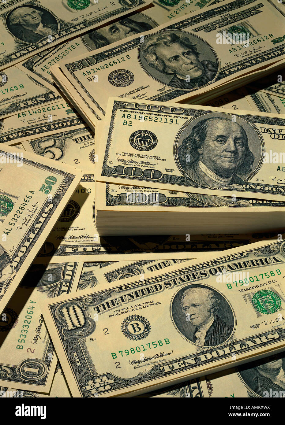 A plenty of american banknotes Stock Photo