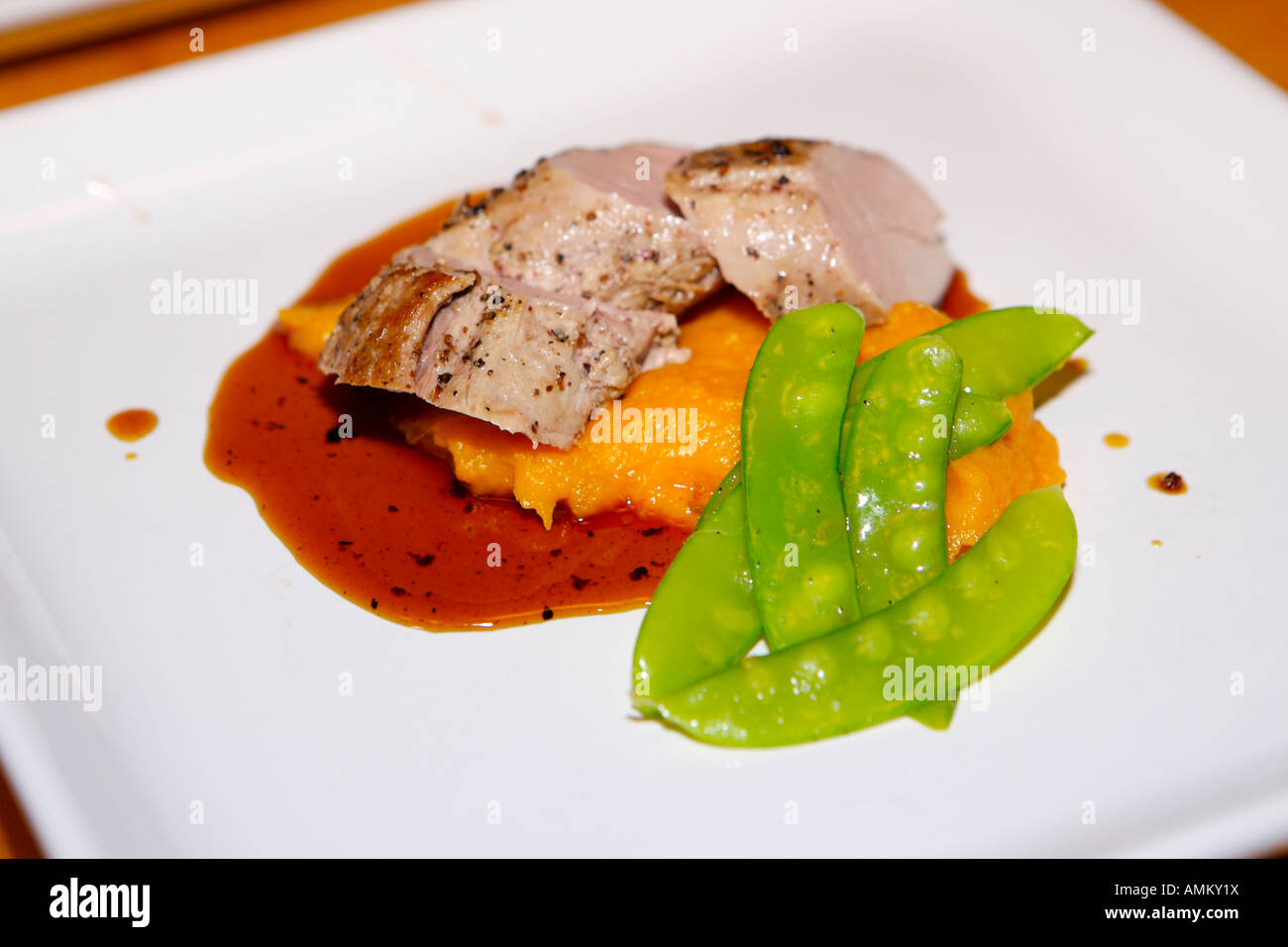 Pork Tenderloin meal at Rifflin'Hitch Lodge, Southern Labrador, Labrador, Newfoundland Labrador, Canada. Stock Photo