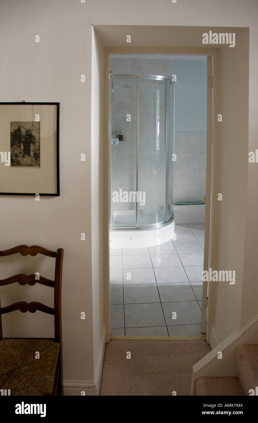Shower unit in bathroom viewed from landing Stock Photo
