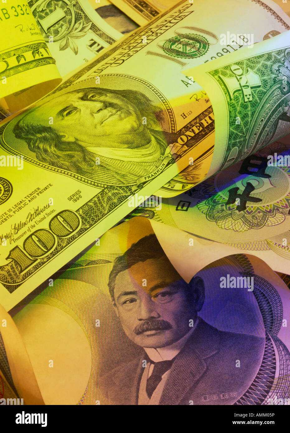 Close-up of Japanese and American banknotes Stock Photo