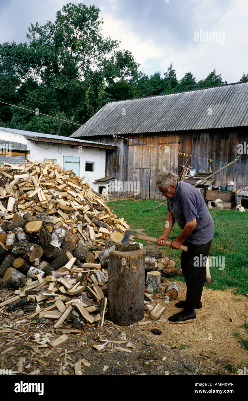 Poland Swietokrzyskie Wilkow farmer chopping wood Stock Photo Alamy