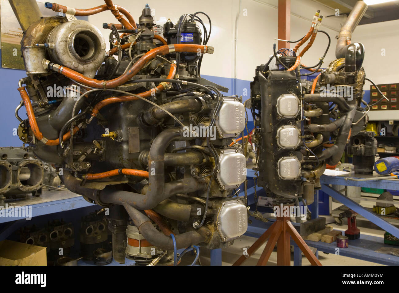 Twin Lycoming engines, for an Aztec aircraft, undergoing maintenance. Stock Photo