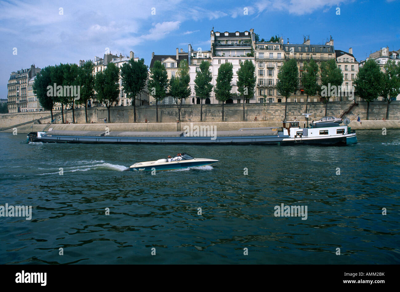 Paris France Ile St Louis River Seine Speedboat & Barge Stock Photo