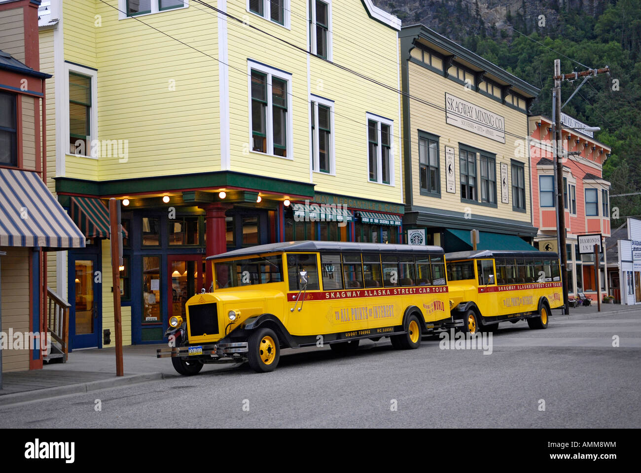 Street Car Tour Bus Buses Busses in Skagway Alaska AK United States US