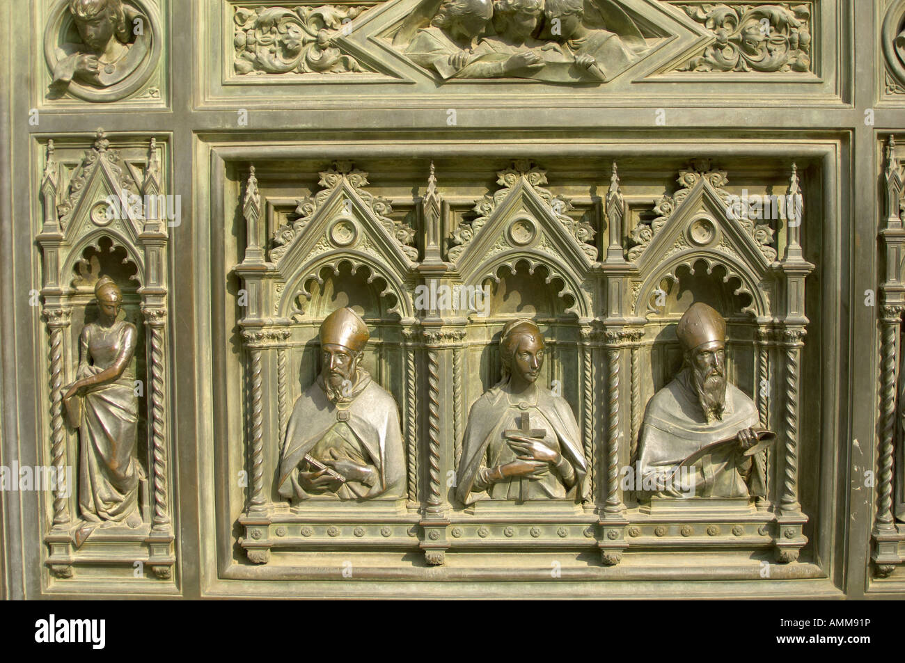 Close up of the bronze doors sculptures of the Florence Duomo
