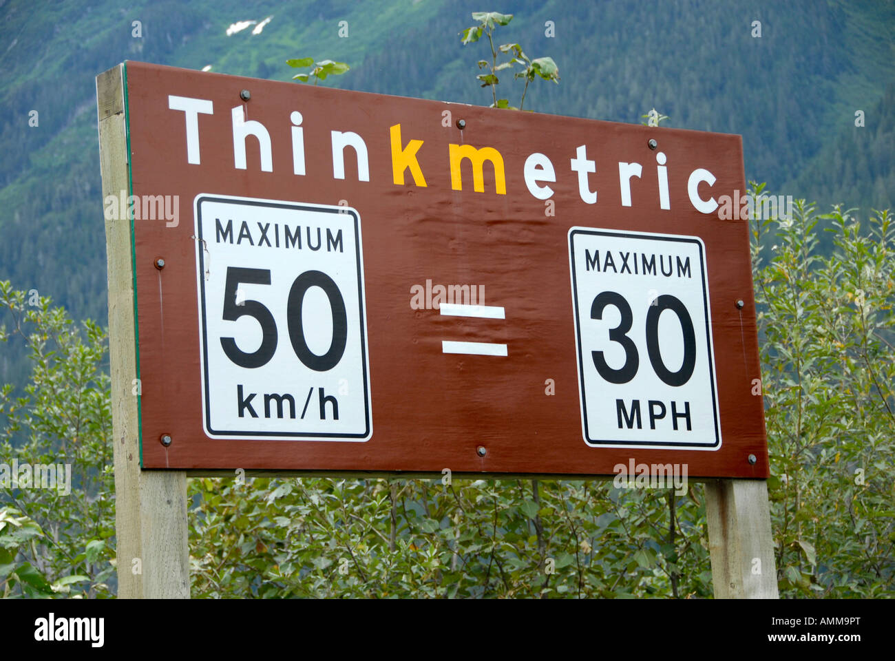 road sign marker post metric english conversion miles kilometers kilometres  per hour mi km mph km h Stock Photo - Alamy