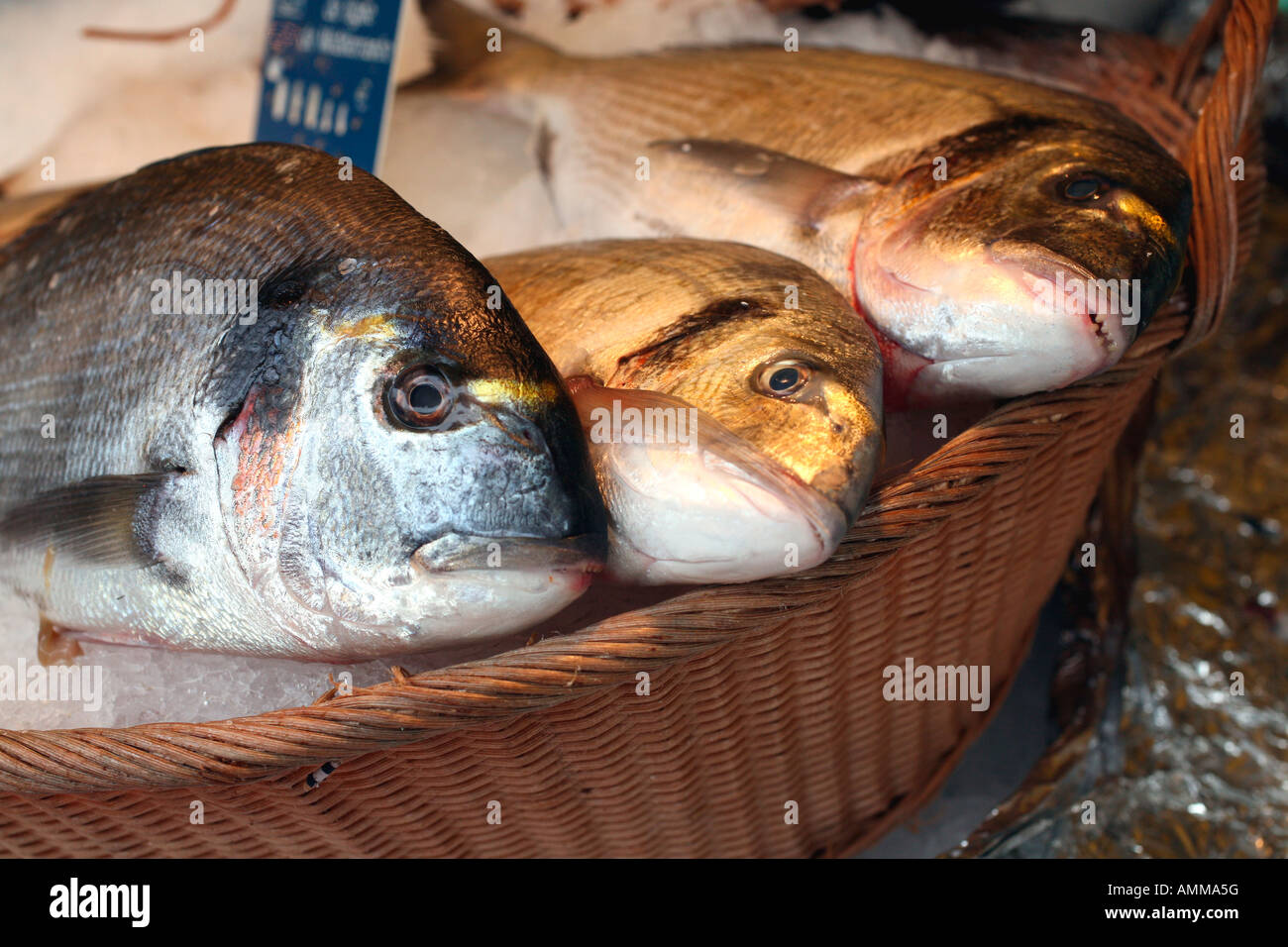 Fresh fish on sale at a stall at the Sunday market on Boulevard Richard Lenoir at Bastille, Paris Stock Photo