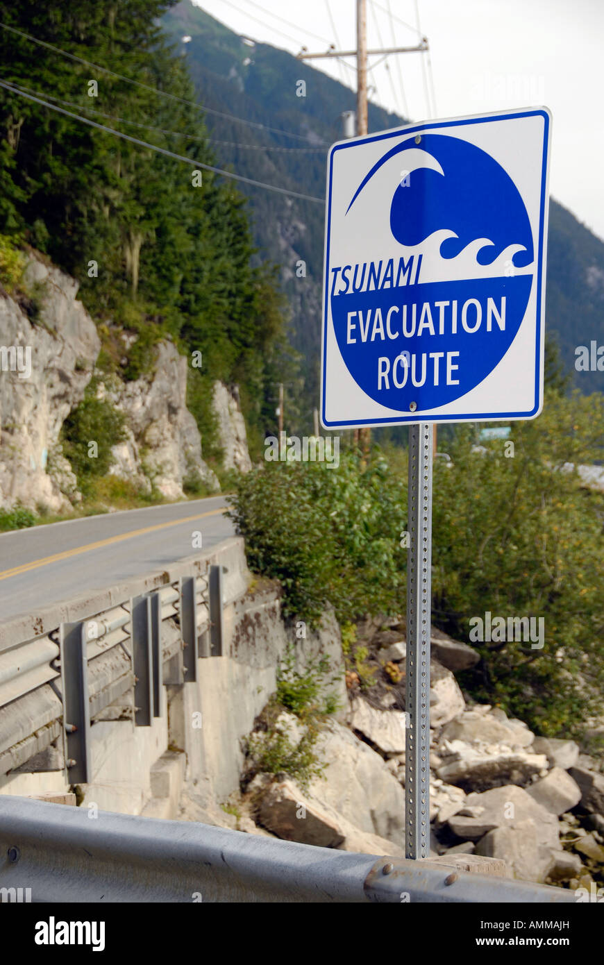 Tsunami Evacuation Route Sign Marker Warning Danger Along Road In Stewart British Columbia Bc Canada Stock Photo Alamy