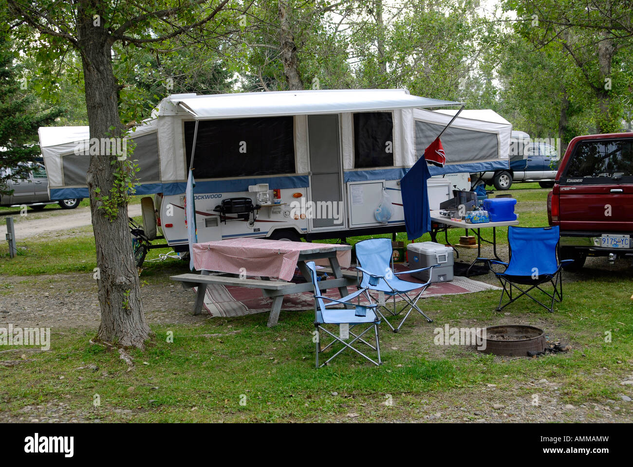 Campsite camp pop up camper Fraser Lake British Columbia BC Canada vacation  travel recreational vehicle family tour tourism Stock Photo - Alamy