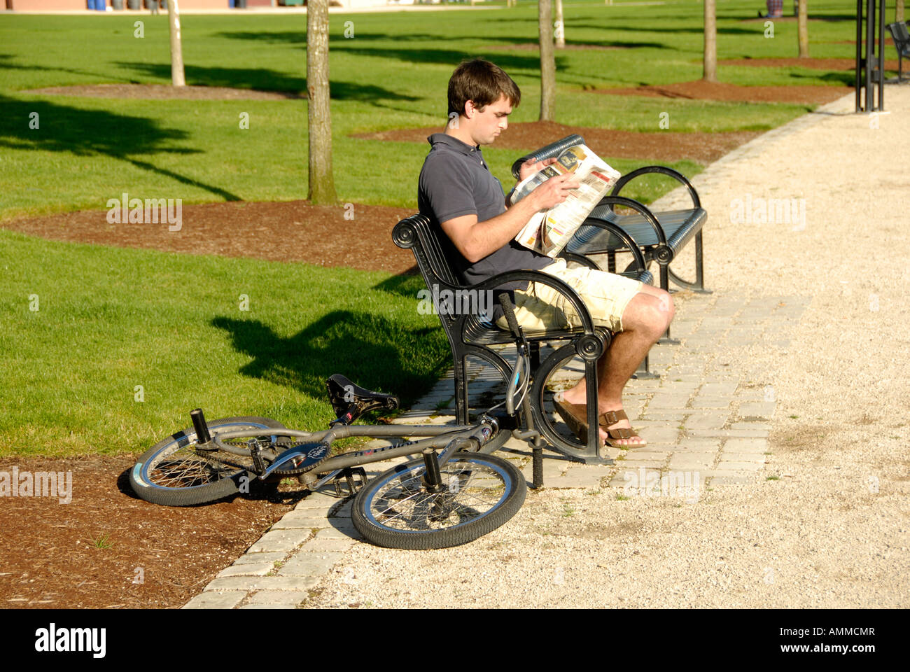 Bicyclist Rests On Park Bench Exercise Relaxation Healthy Outdoors