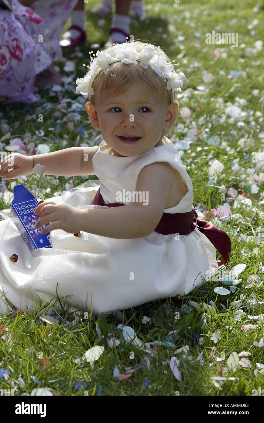 Bridesmaid sitting on grass with box of confetti looking at camera Stock Photo