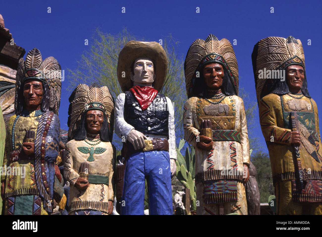 Carved Wooden Cowboy and Indians, Wickenburg, Arizona Stock Photo