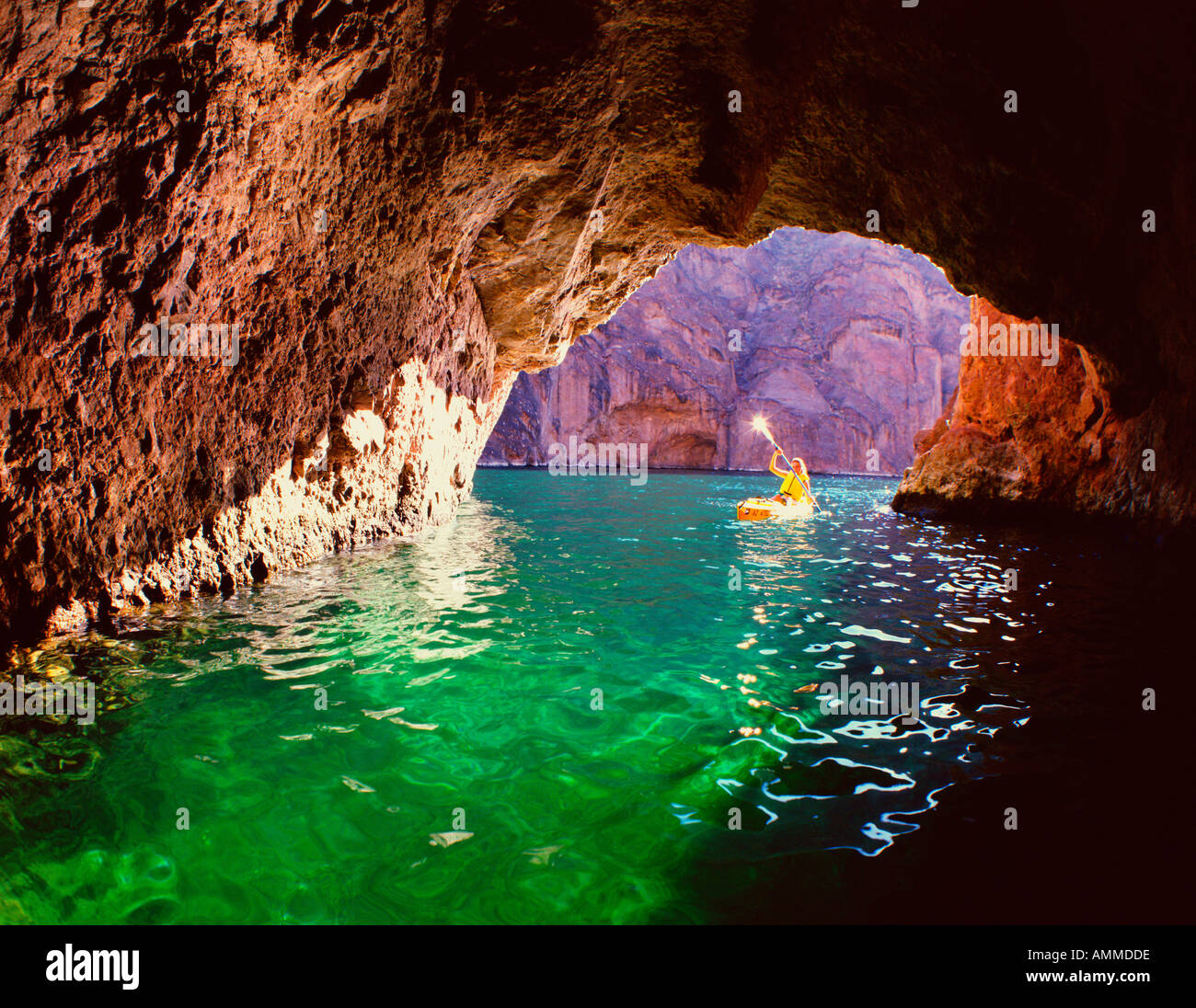 Kayaking in Emerald Cave Colorado River, Black Canyon, Arizona Stock