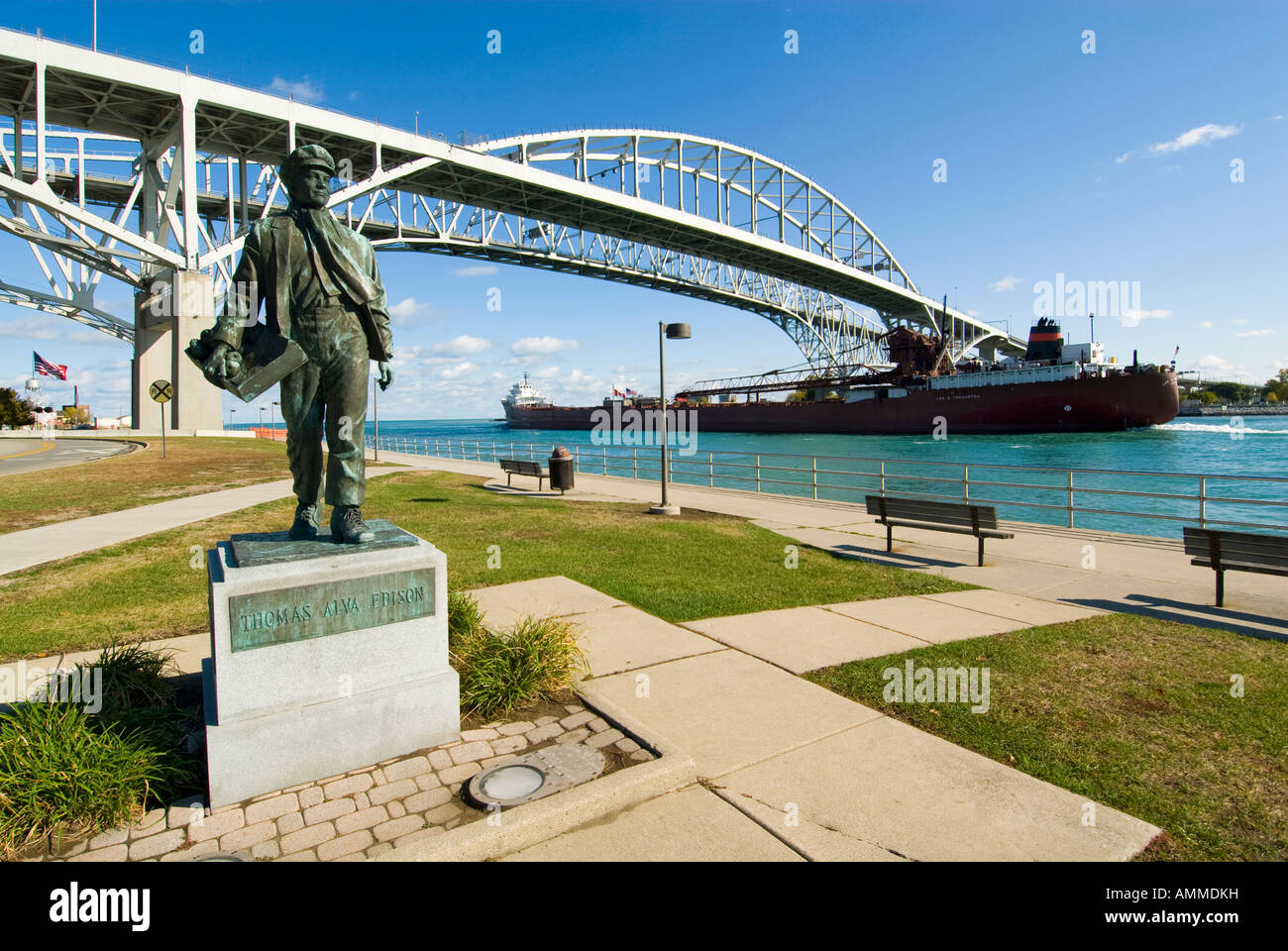 Thomas Edison Statue under Blue Water International Bridge Port Huron