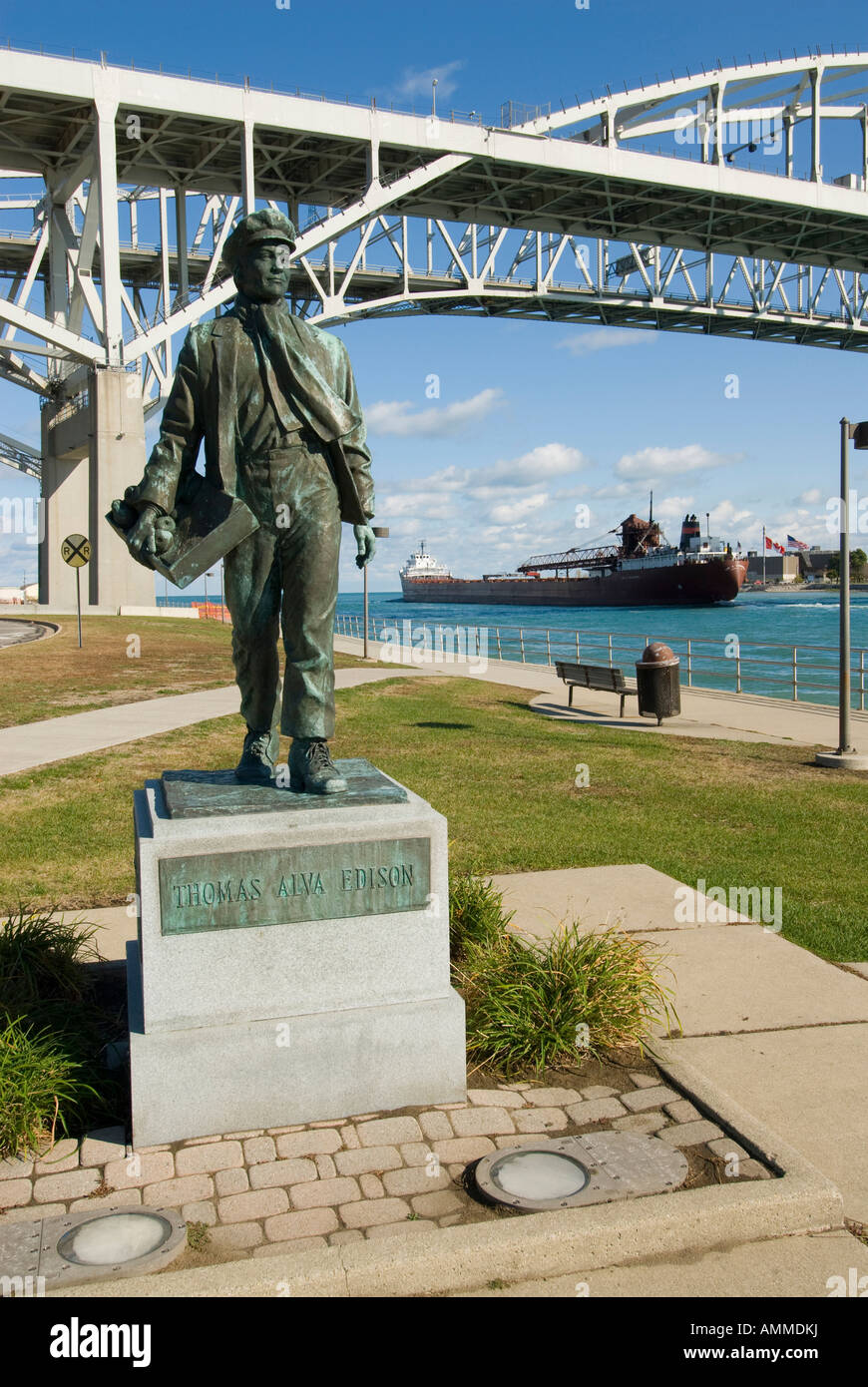 Thomas Edison Statue under Blue Water International Bridge Port Huron