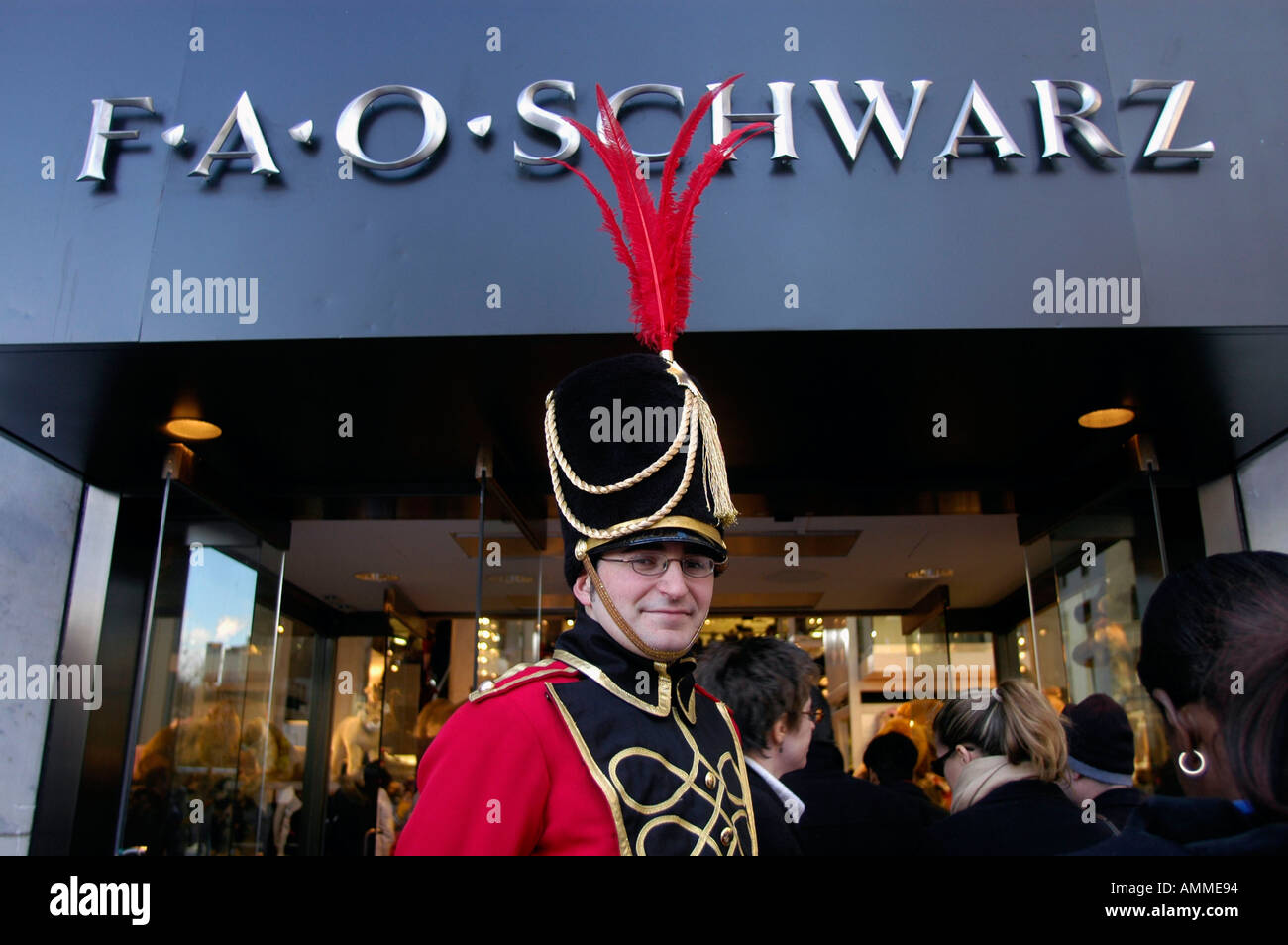 A real life toy soldier stands guard outside the entrance of the newly renovated FAO Schwarz on Fifth Ave  Stock Photo