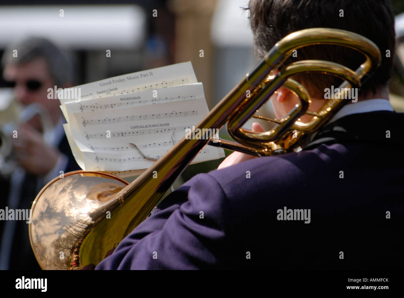 A Trombone player in a brass band, Whalley, Lancashire Stock Photo Alamy