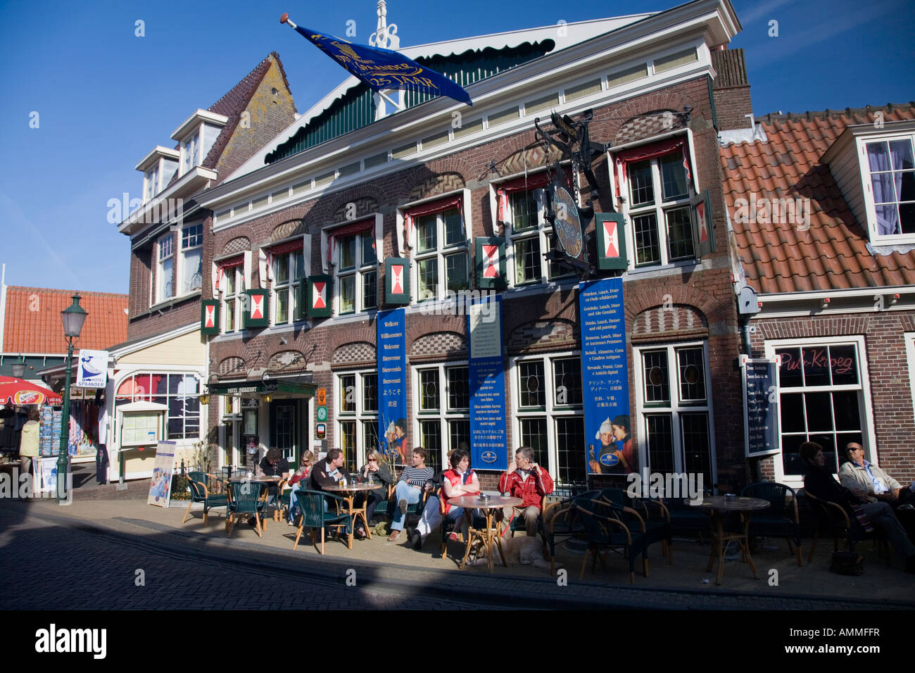Outdoor Café in Europe Vollendam Dutch Holland Netherlands noord noordsea Benelux quaint fishing village fishing Stock Photo
