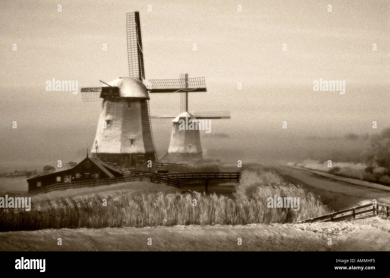 Windmill in winter landscape Stock Photo