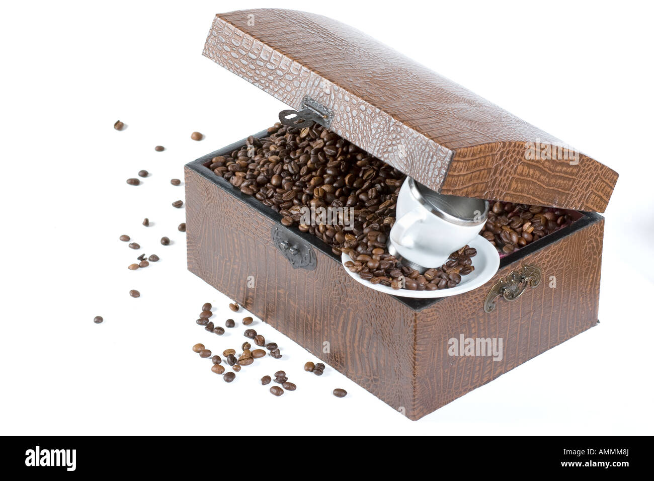 A Treasure Chest Full Of Coffee Beans Isolated Over A White Background