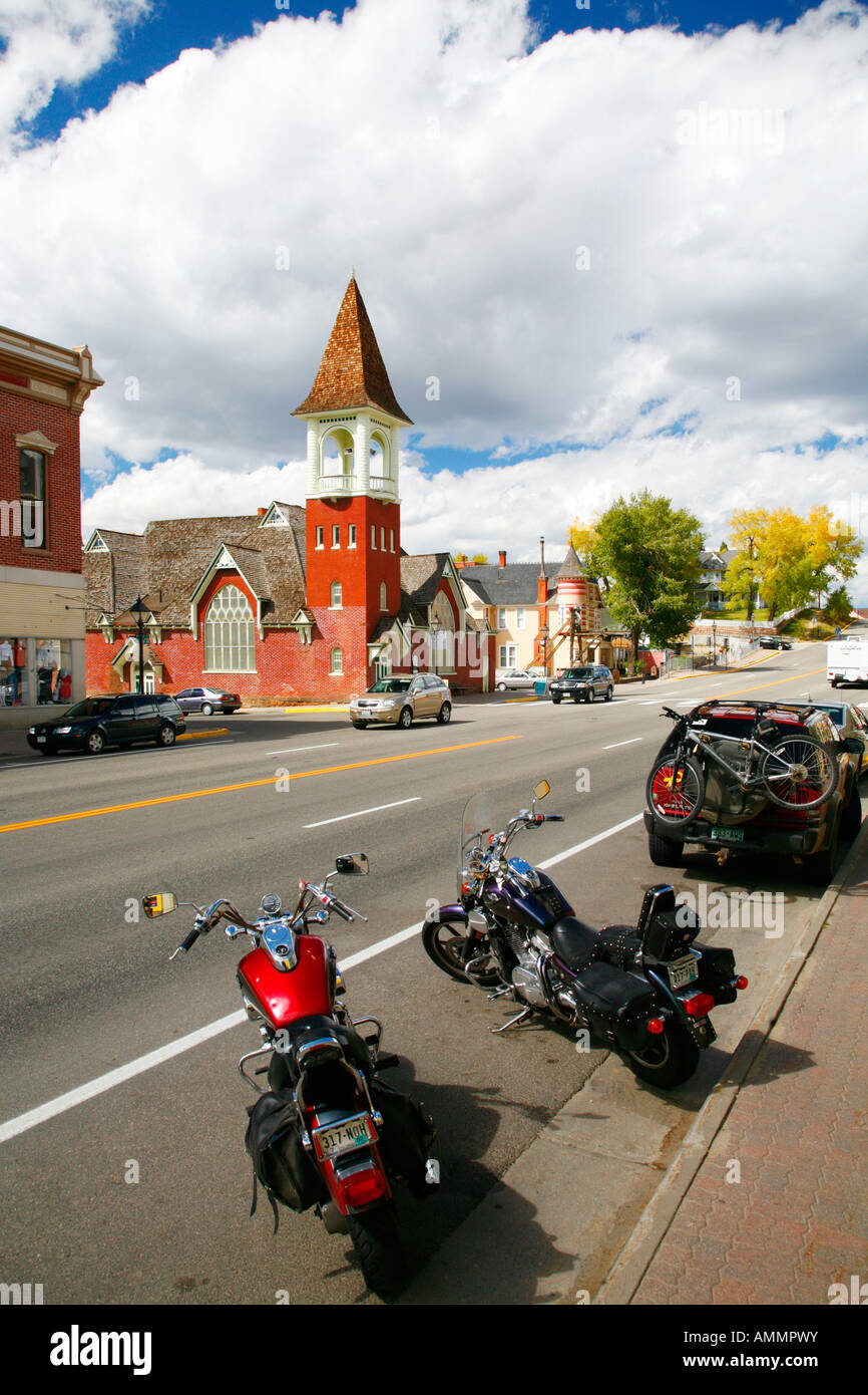 Church and motocycles on main street, Leadville, Colorado Stock Photo