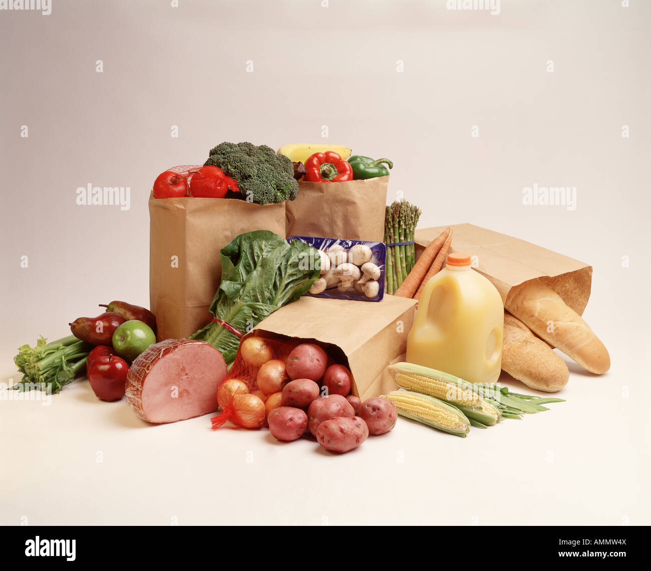 Typical grocery store assortment of fresh foods, meat, fruit