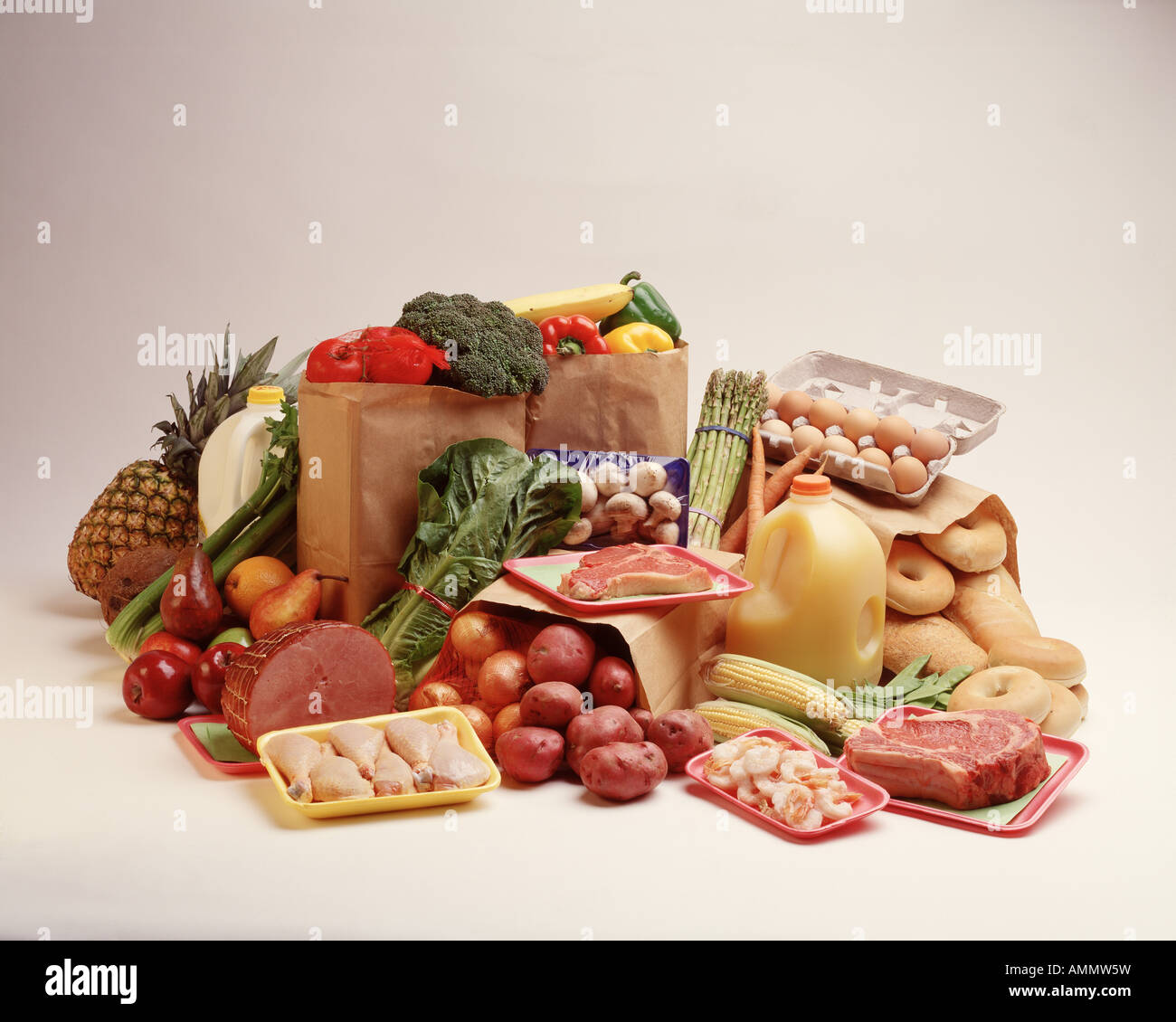 Typical grocery store assortment of fresh foods used by american family