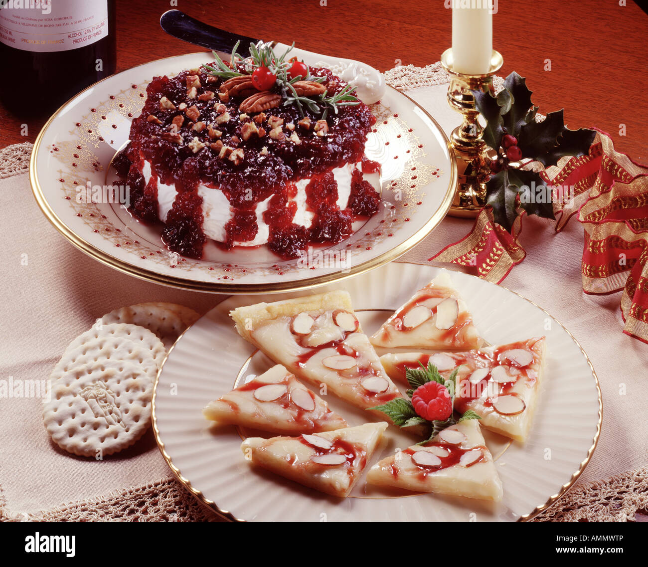 festive holiday party  cranberry brie raspberry brie cheese triangles Stock Photo