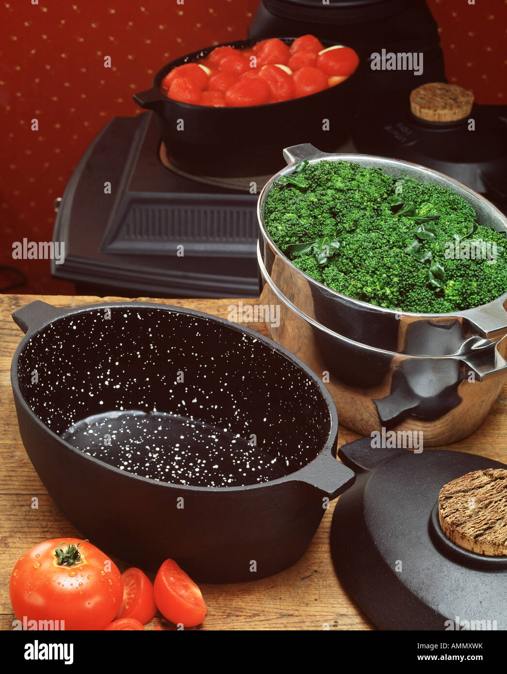 kitchen utensils large cast iron cook pots ingredients tomato tomatoe