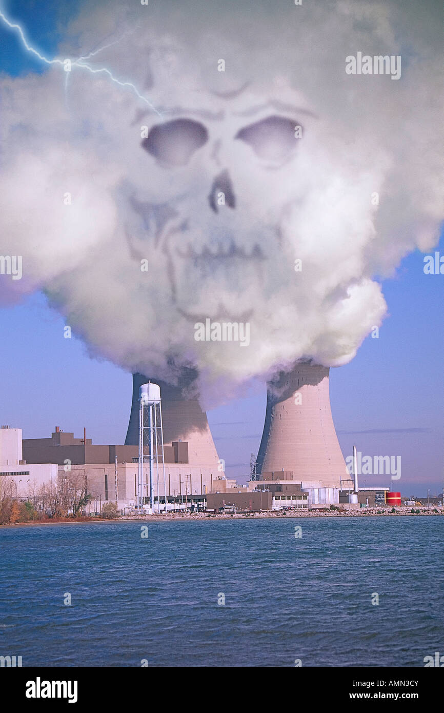 Digitally altered nuclear power plant at Lake Erie, MI with eerie skull image appearing in the rising smoke pollution Stock Photo