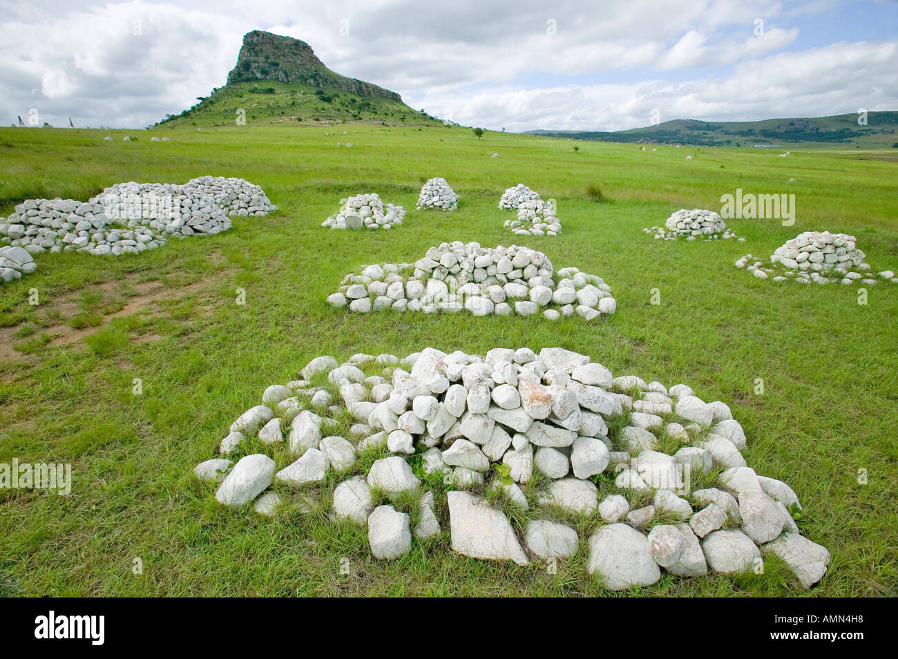 Sandlwana hill or Sphinx with soldiers graves in foreground the scene ...