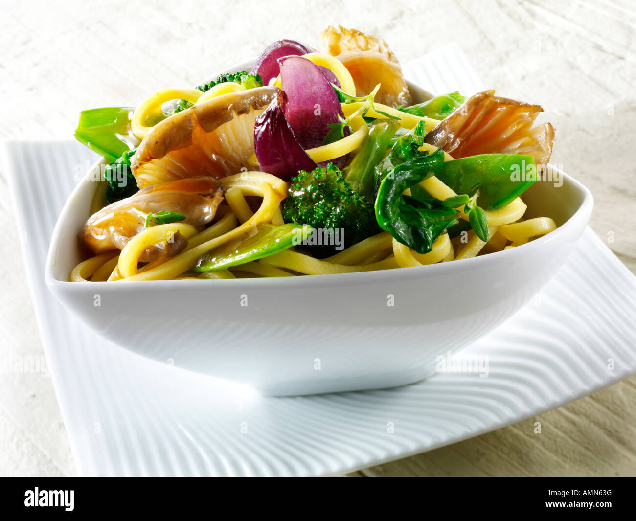 Oriental vegetarian stir fry of vegetables with mushrooms and noodles